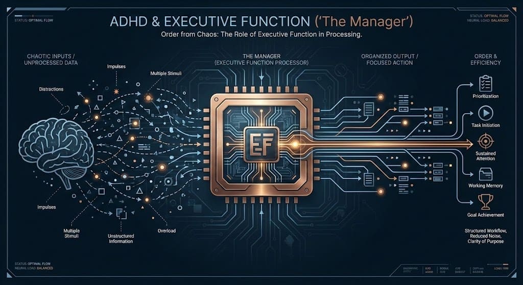 ADHD & Executive Function, Schematic diagram of executive function organizing chaotic data points into a focused copper beam on a navy background.
