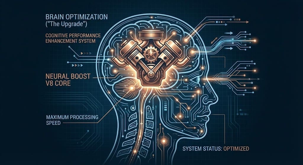 Brain Optimization, Technical profile illustration of a human head containing a glowing copper engine block inside the brain.
