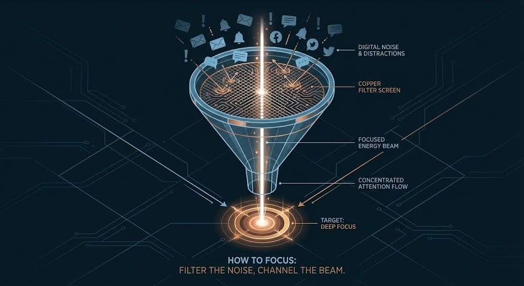 How to Focus, Isometric infographic of a filter funnel blocking digital noise and allowing a single beam of focus to pass.