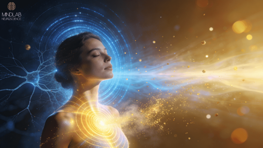 Widescreen portrait of a woman with closed eyes in peaceful profile, surrounded by radiating golden and blue light circles with glowing neural pathways flowing across the frame, representing nervous system transformation and freedom from impostor syndrome.