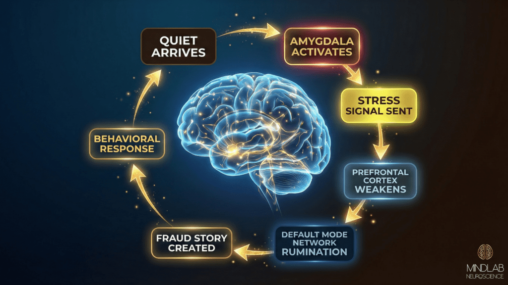 Neuroscience pathway diagram illustrating how quiet triggers amygdala activation, weakens prefrontal cortex function, intensifies default mode network rumination, creates fraud narratives, and reinforces impostor feelings