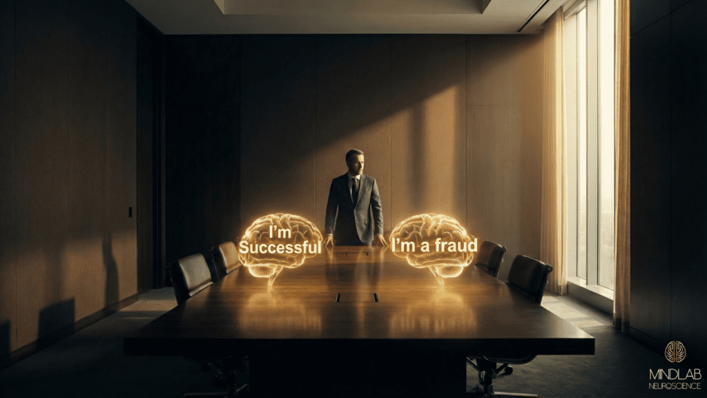 Professional man standing at a conference table with two glowing brain illustrations labeled "I'm successful" and "I'm a fraud" representing the dual competing narratives high performers experience simultaneously.