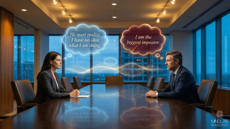 Professional woman and man sit across a conference table with glowing thought bubbles revealing their hidden impostor feelings, illustrating how imposter syndrome affects high performers regardless of external success.