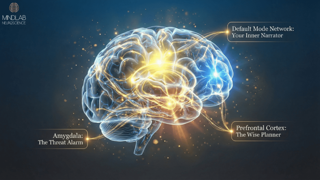 Illuminated brain diagram of a person with impostor feelings highlighting the amygdala threat alarm, prefrontal cortex wise planner, and default mode network inner narrator—three neural systems driving impostor syndrome during quiet moments.