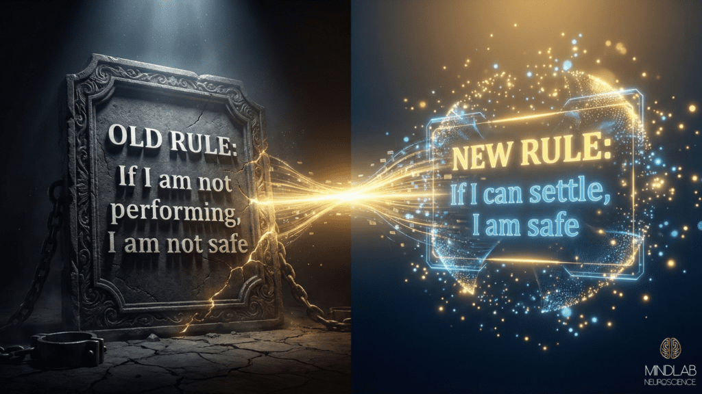 Imposter feelings transforming into a glowing holographic interface displaying the empowering nervous system rewiring principle "If I can settle, I am safe."