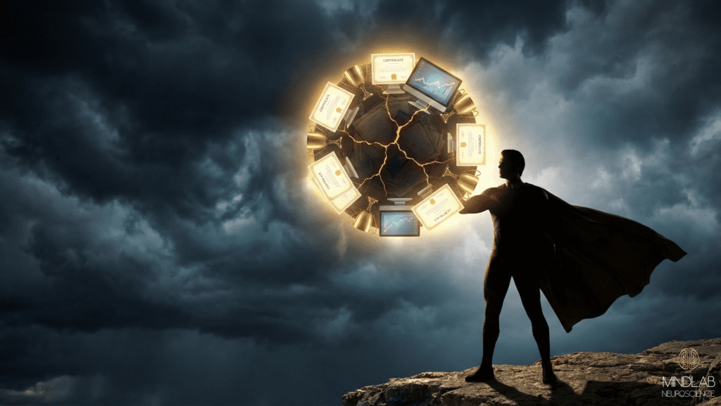 Silhouetted figure holding a glowing shield made of achievement symbols and credentials against a stormy sky, illustrating how high performers use external success as protection from emotional vulnerability.