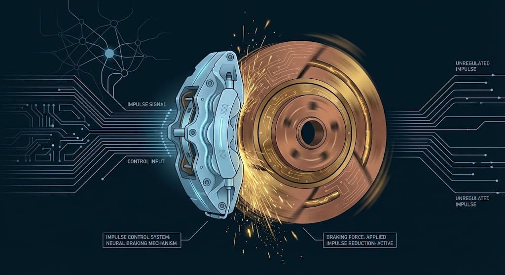 Impulse Control, Diagram of a mechanical brake caliper engaging a spinning flywheel inside a neural network structure.