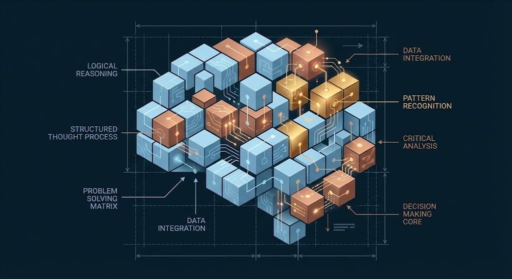 Logical Reasoning, Geometric cubes in light blue and copper interlocking to form a structured brain shape on a navy background.