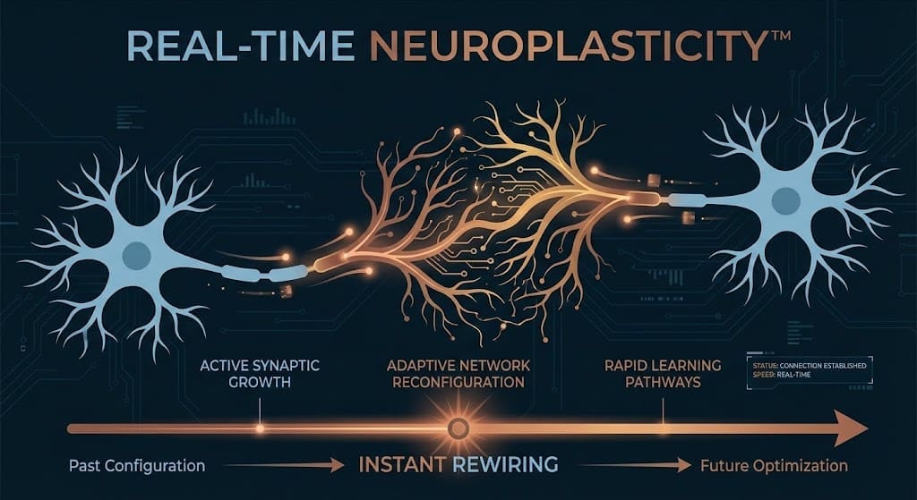 Illustration of Real-Time Neuroplasticity showing a new copper neural pathway forming instantly between two neurons.