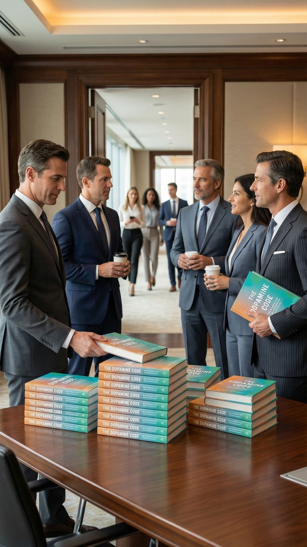 Stacks of The Dopamine Code books on a boardroom table with a leadership team collaborating in the background.