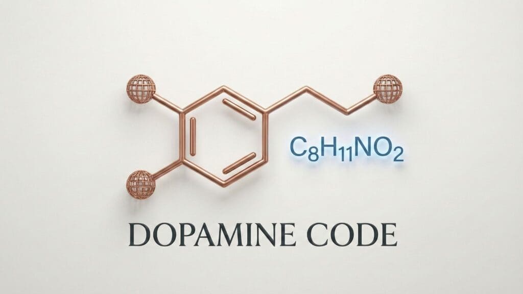 A 3D dopamine molecule symbol constructed from microscopic copper nanobots and blue data streams on a cream background. Symbolizing the dopamine code.