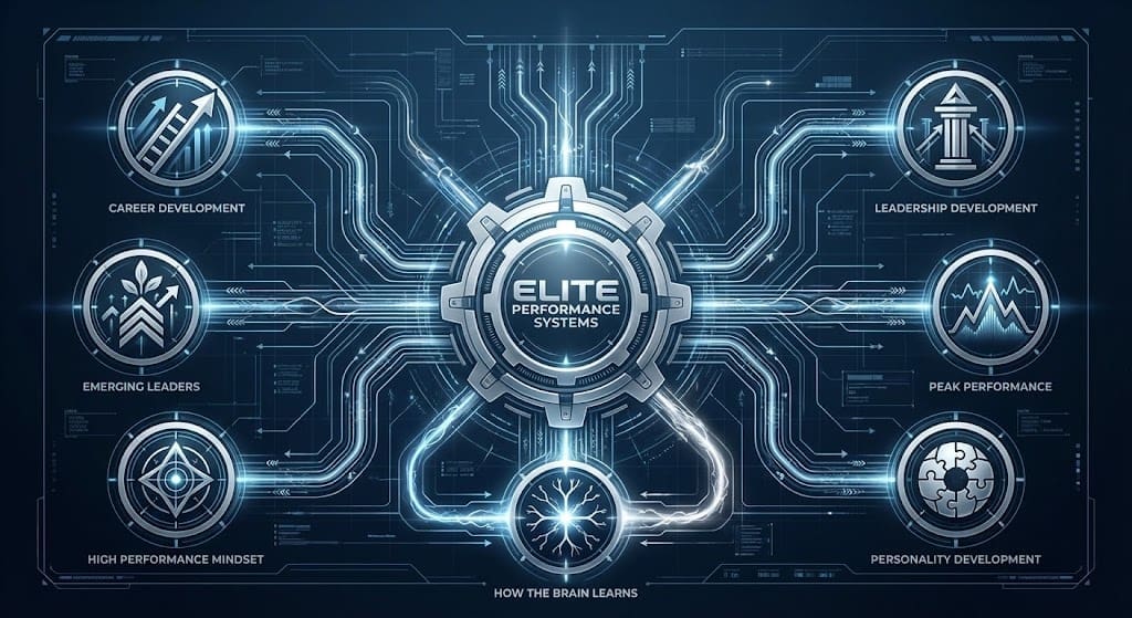Technical blueprint schematic showing the Elite Performance Systems core connected to nodes for leadership, career, peak performance, and learning.