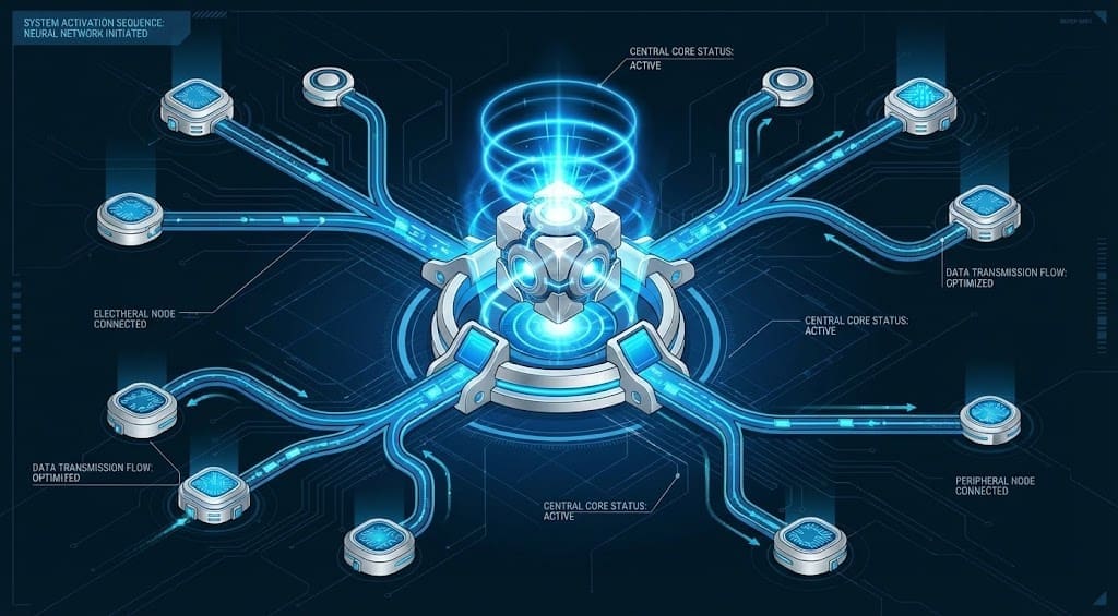 Abstract central node activating a network, symbolizing the growth of emerging leaders.