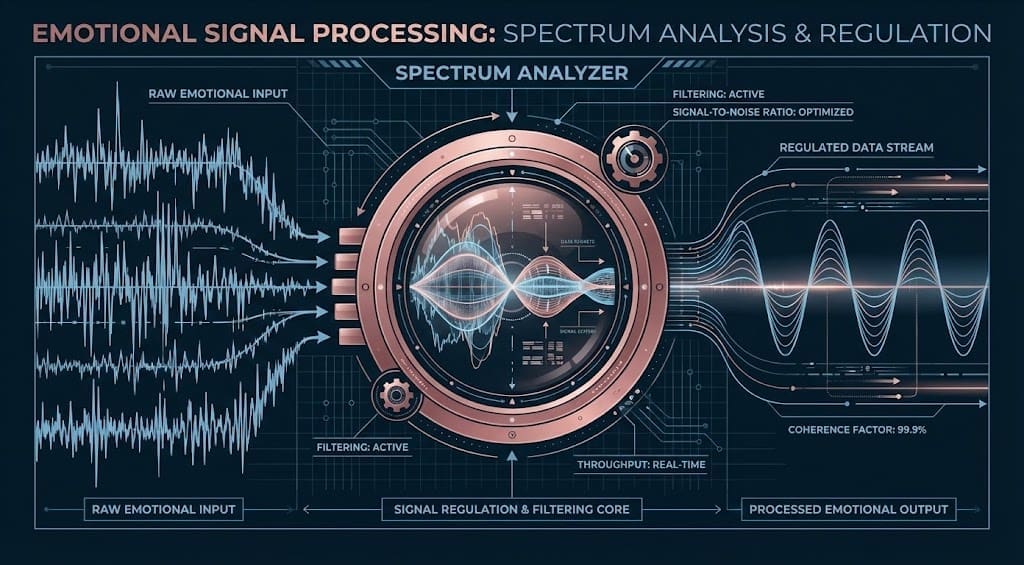 Technical spectrum analyzer graphic representing emotional intelligence mastery by filtering chaotic signals into order.