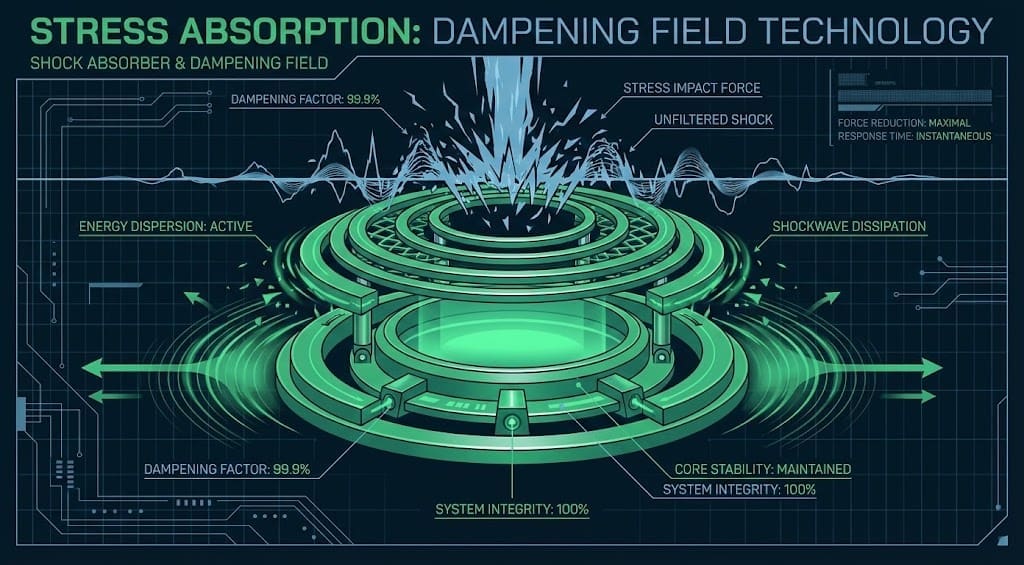 Technical graphic of a shock absorber dispersing energy, representing emotional resilience.