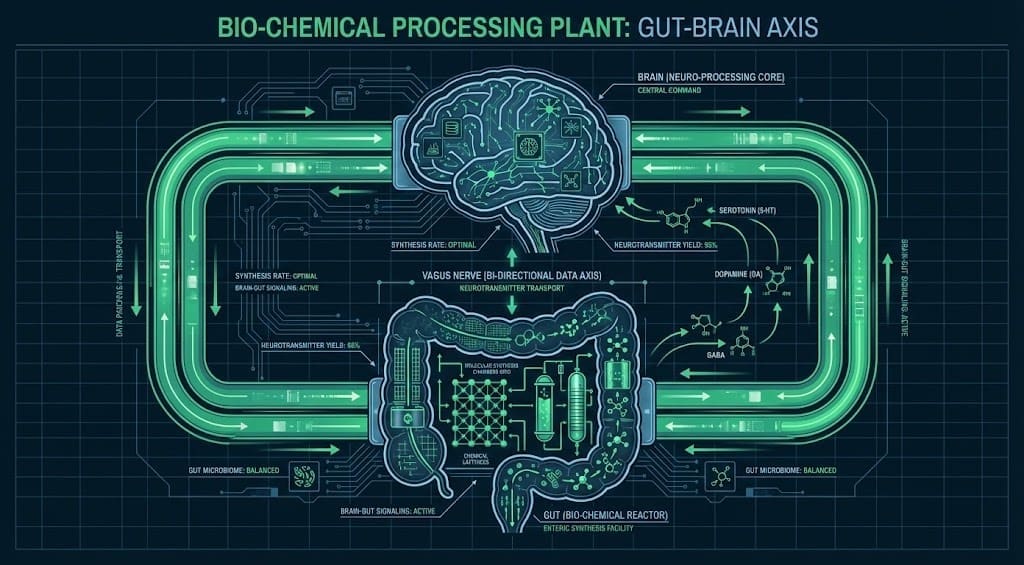 Schematic of the bi-directional data highway between brain and gut, representing the enteric nervous system & gut brain axis.