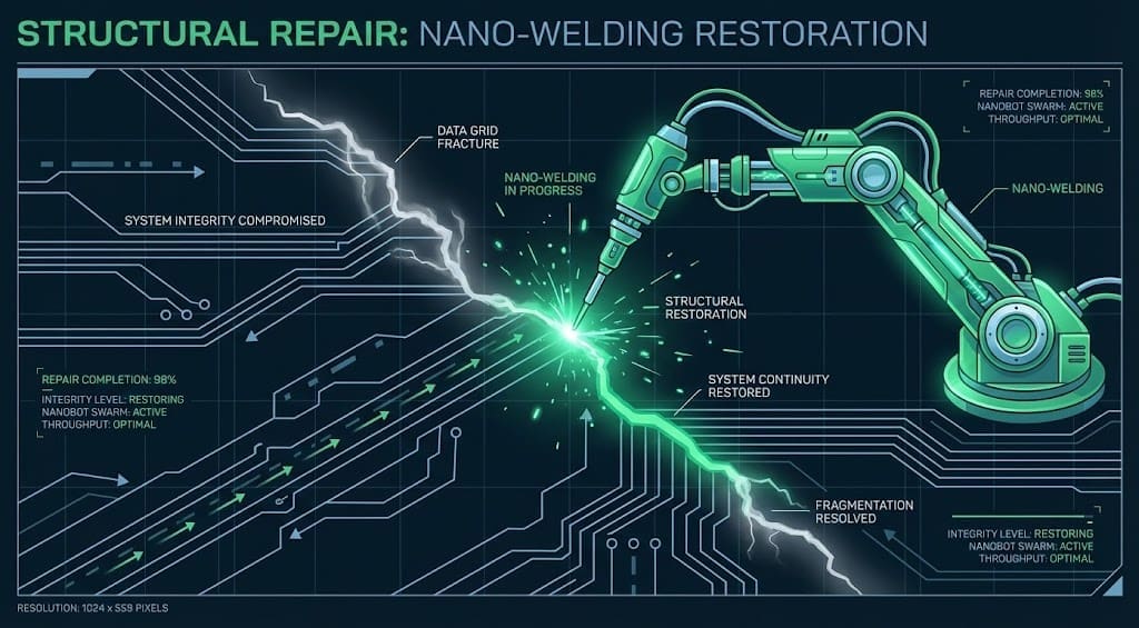 Technical graphic of a circuit fracture being repaired, representing healing from trauma.