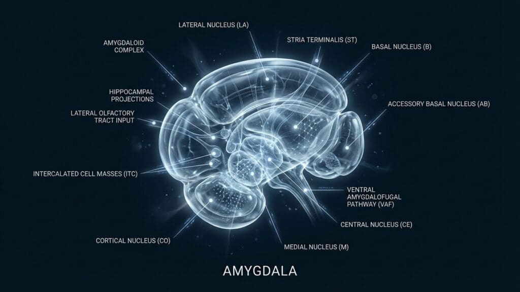 Medical diagram of the Amygdala visualizing neural pathways and emotional regulation centers.