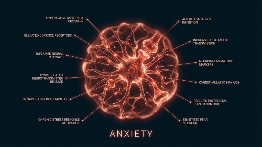 Biological diagram illustrating the sympathetic nervous system response in Anxiety.