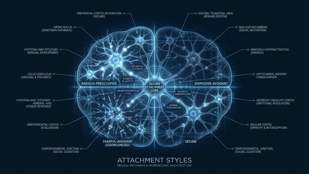 Medical diagram of Attachment Styles visualizing neural pathways and limbic system responses.