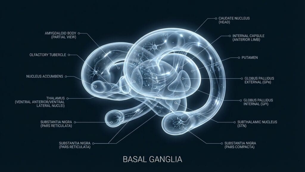 Diagram of the Basal Ganglia visualizing motor control loops and habit formation structures.