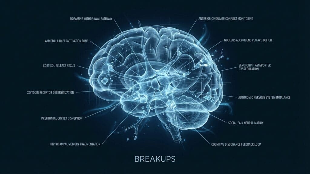 Diagram of Breakups visualizing neural pathways and dopamine withdrawal symptoms.