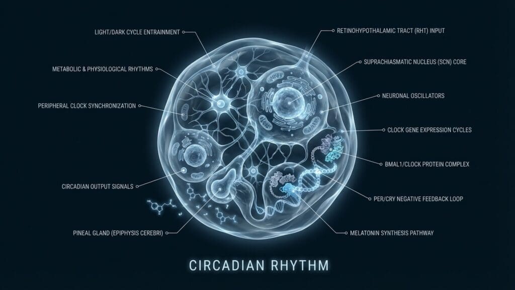 Biological chart of Circadian Rhythm visualizing sleep-wake cycles and hormonal release patterns.