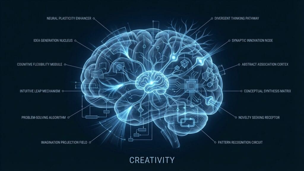 Diagram of creativity visualizing neural pathways and biological function across the default mode network.