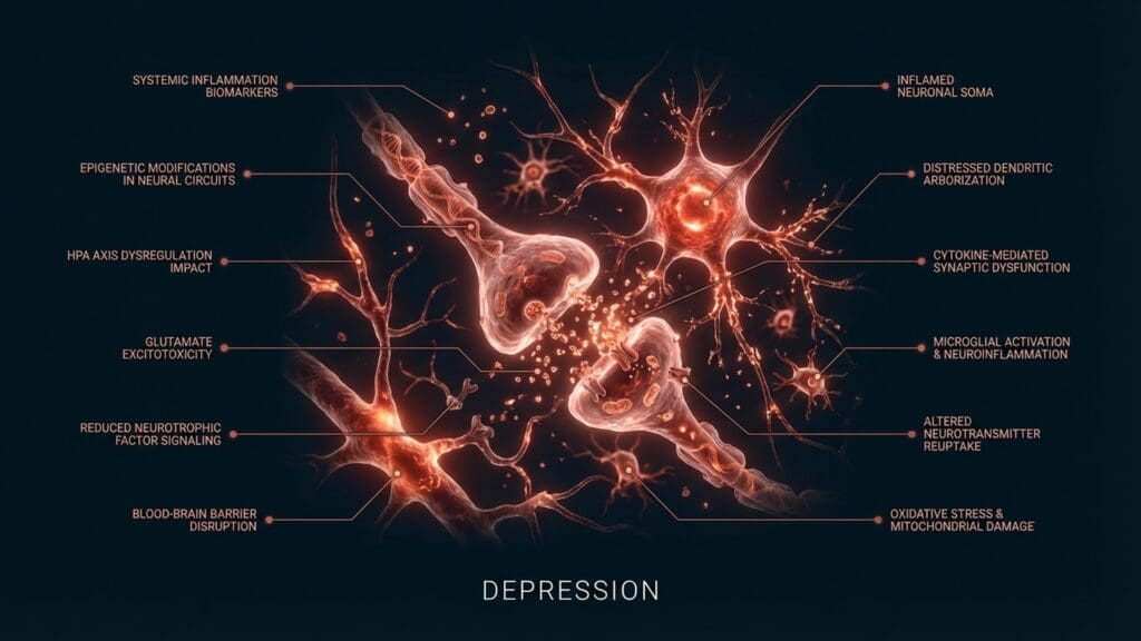 Visualization of neurotransmitter imbalances and reduced neuroplasticity in the depressive brain.