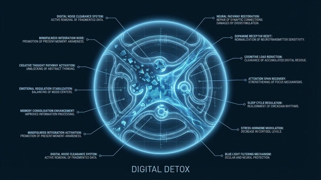 Diagram of digital detox visualizing neural pathways and biological function related to dopamine regulation.