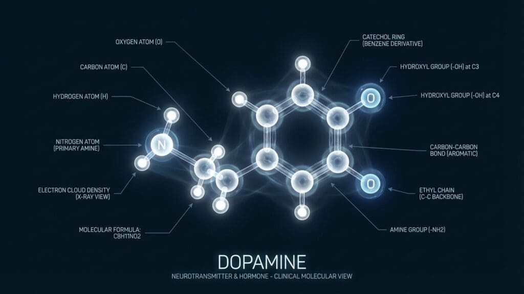 Diagram of Dopamine receptors visualizing reward pathways and neurotransmission.
