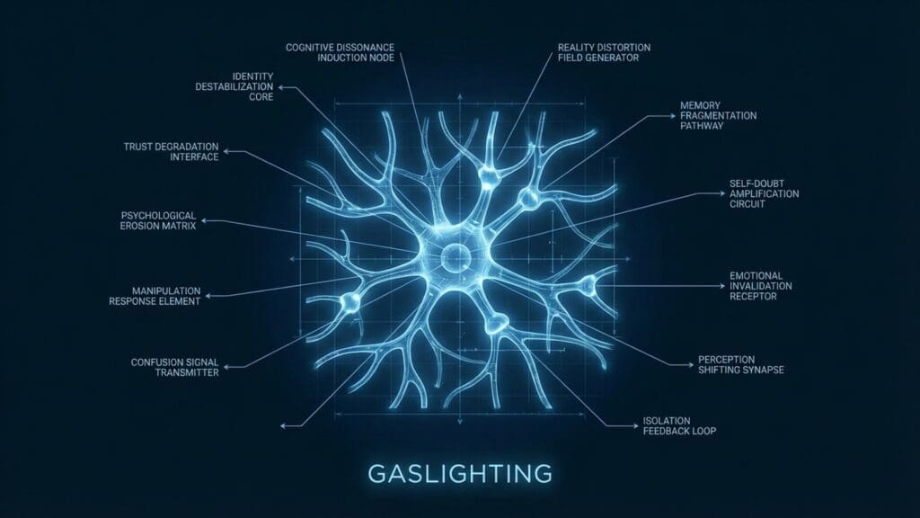 Diagram of Gaslighting visualizing neural pathways and cognitive dissonance effects.
