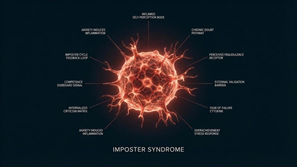 Illustration of conflicting neural signals between the limbic system and cortical regions during self-doubt.