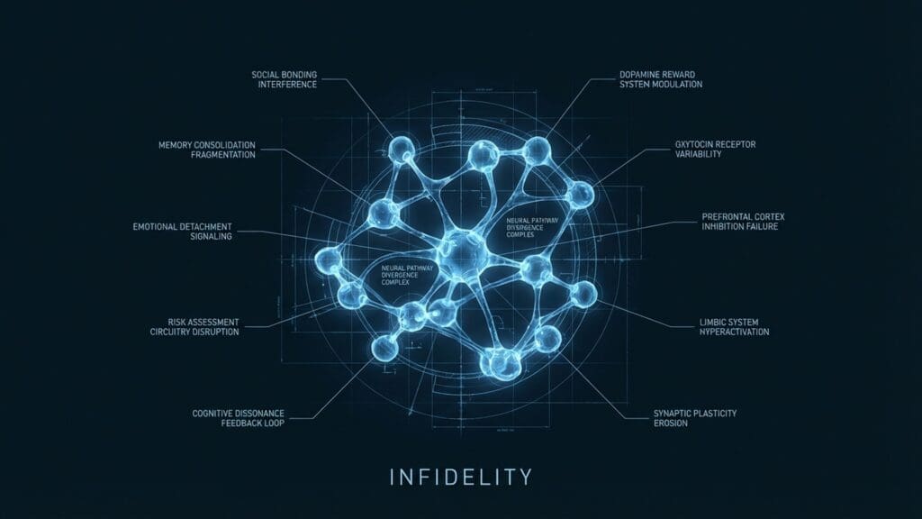 Diagram of Infidelity visualizing neural pathways and biological function regarding trust and amygdala activation.