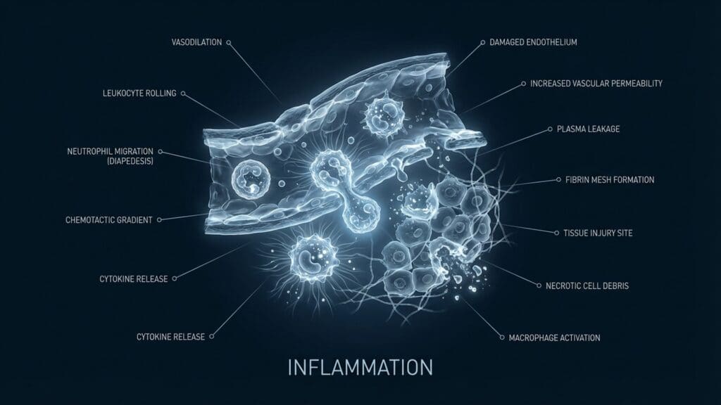 Biological diagram of systemic Inflammation visualizing cytokine release and neural impact.
