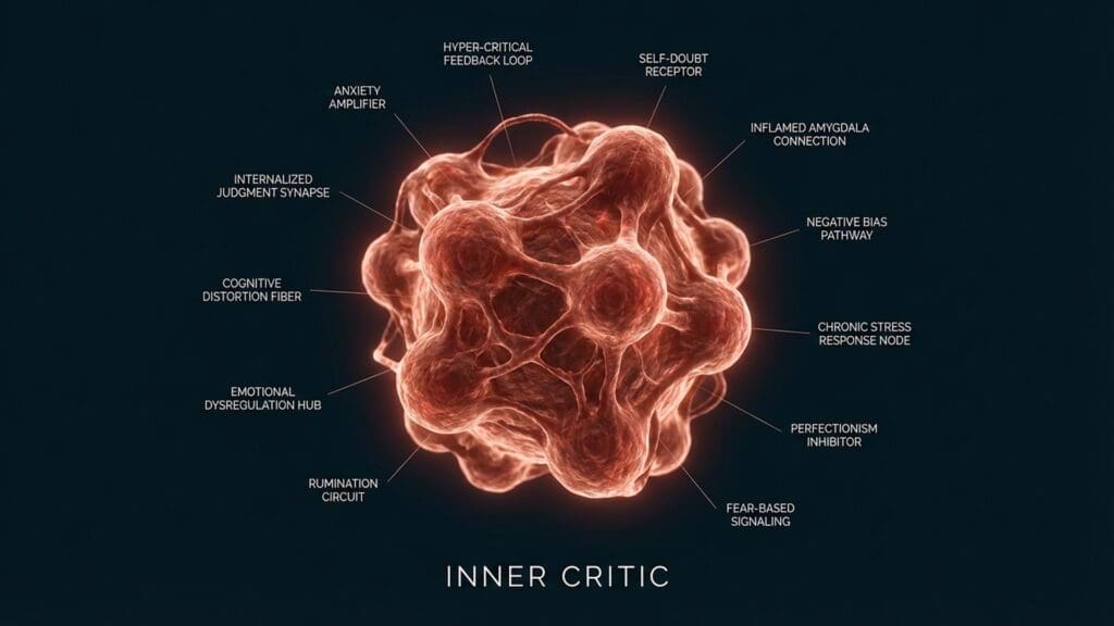Diagram showing overactivity in the Default Mode Network associated with negative self-talk.