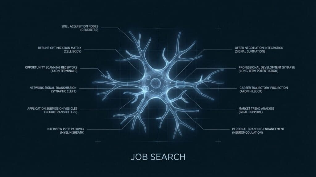 Diagram of Job Search visualizing neural pathways and biological function regarding resilience and self-presentation.