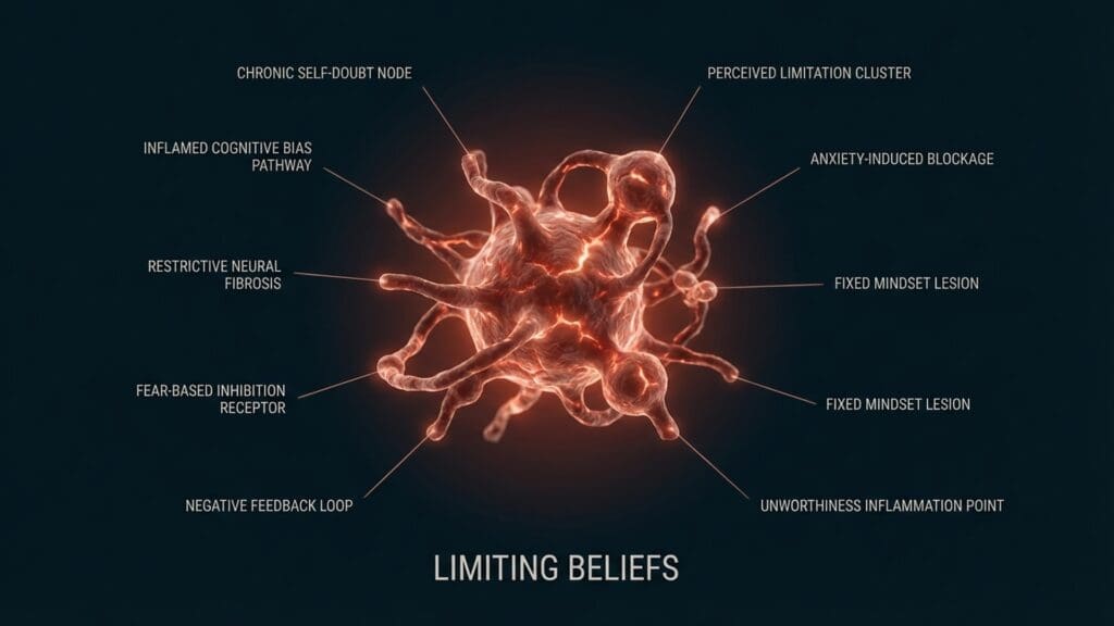 Visualization of neural synaptic pruning and rigid pathways related to Limiting Beliefs.
