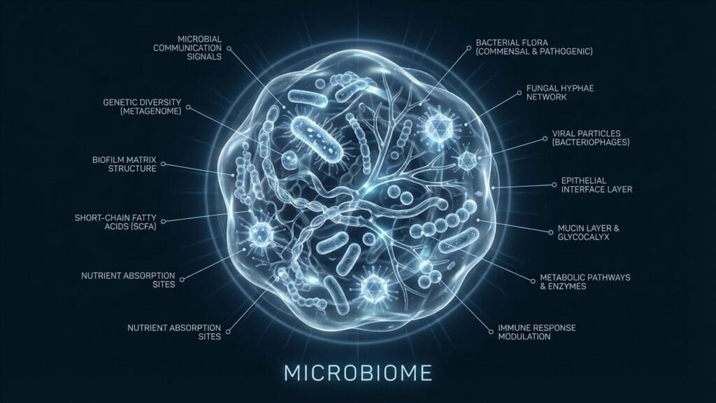 Illustration of the Gut-Brain Axis visualizing Microbiome influence on neurotransmitters.