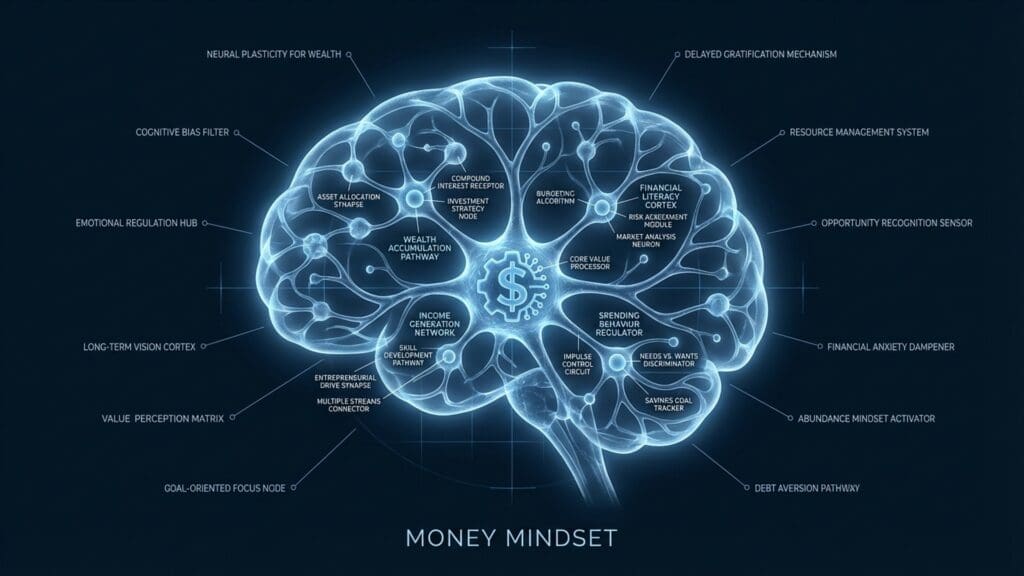 Diagram of Money Mindset visualizing neural pathways and biological function regarding reward processing.