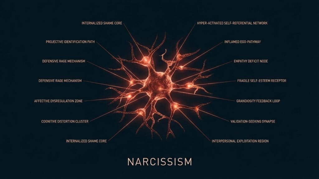 MRI-style visualization of reduced connectivity in the anterior insula associated with Narcissism.