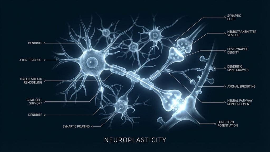 Illustration of synaptic restructuring and neural pathway formation.
