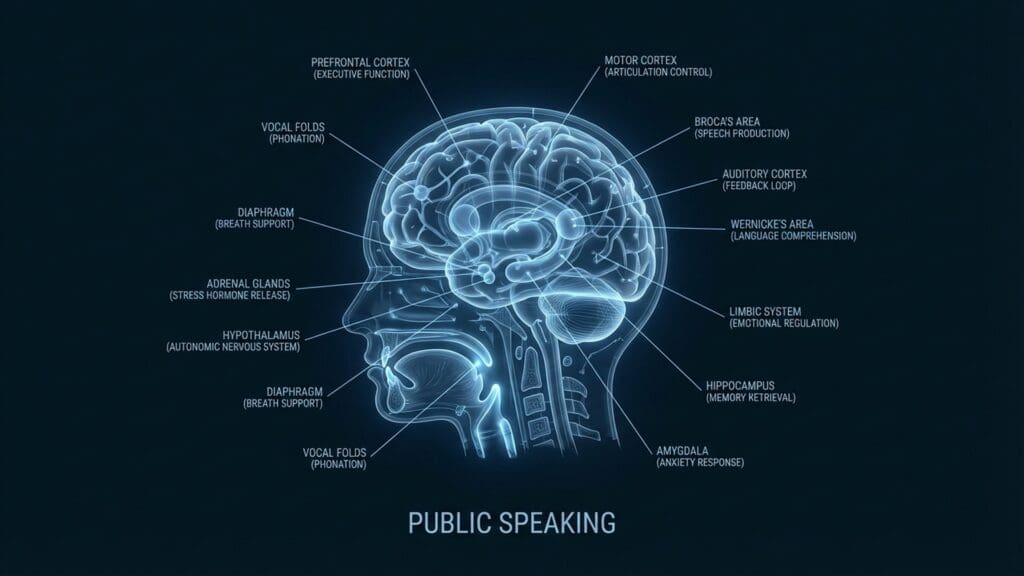 Diagram of Public Speaking visualizing neural pathways and biological function related to verbal fluency and cortisol regulation.