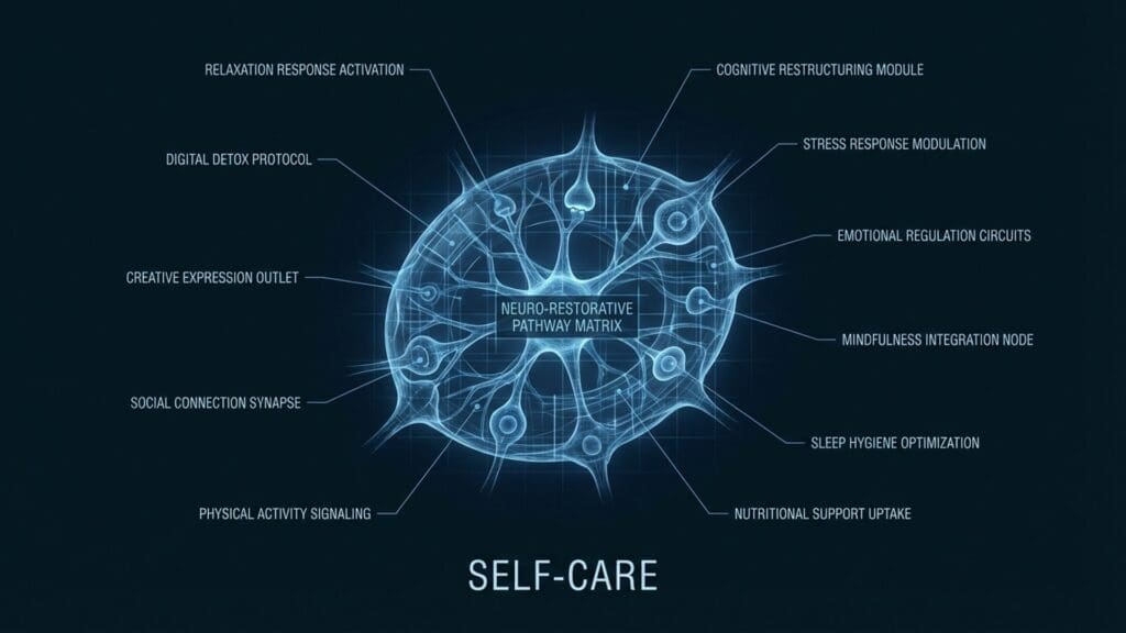Diagram of self care visualizing neural pathways and biological function related to stress hormone reduction.