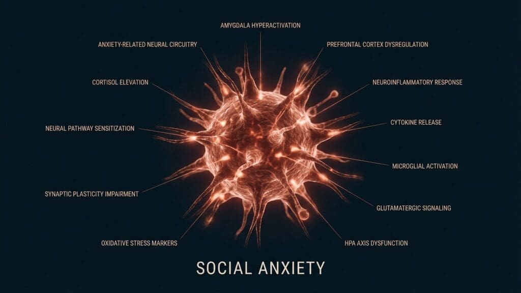 Amygdala response diagram showing heightened sensitivity in Social Anxiety.