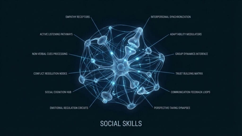Diagram of Social Skills visualizing neural pathways and biological function related to mirror neurons and empathy.