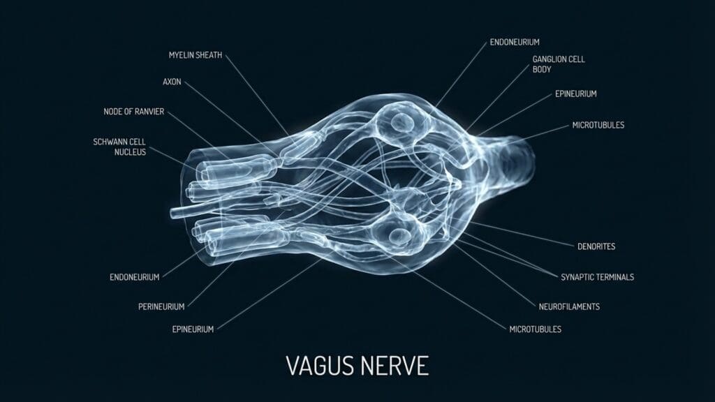 Anatomical diagram of the Vagus Nerve connecting the brainstem to major organs.