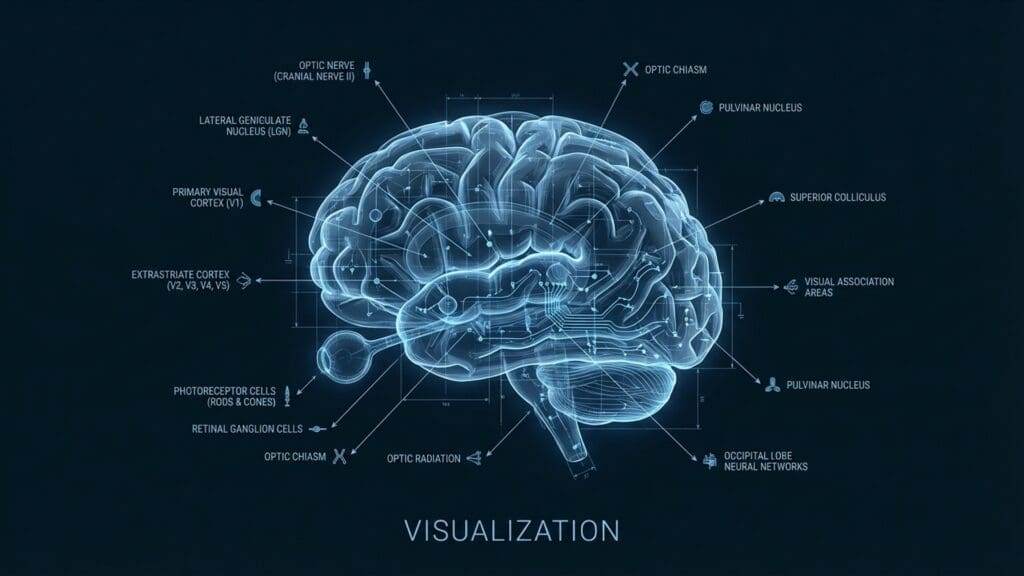 Diagram of visualization visualizing neural pathways and biological function activating the visual cortex.