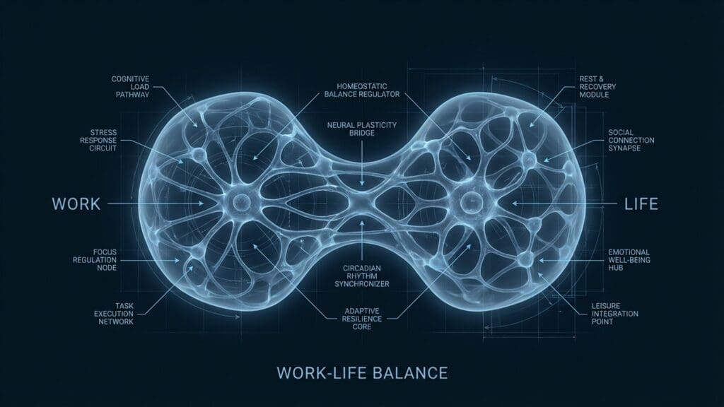Diagram of Work Life Balance visualizing neural pathways and biological function in stress regulation and homeostasis.