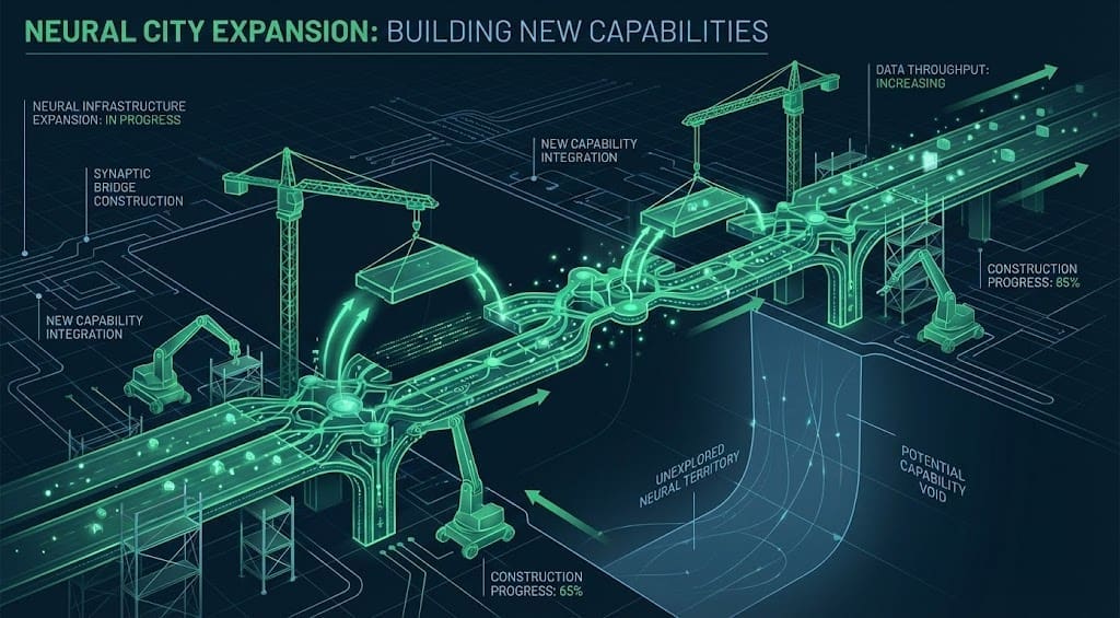 Blueprint of a new neural bridge under construction, symbolizing neuroplasticity exercises.